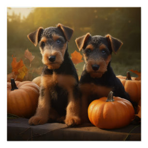 Airedale Puppy Autumn Delight Pumpkin Poster