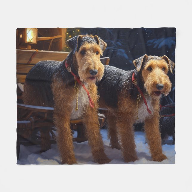Airedale Snowy Sleigh Ride Christmas Decor   Fleece Blanket (Front (Horizontal))