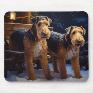 Airedale Snowy Sleigh Ride Christmas Decor Mouse Pad