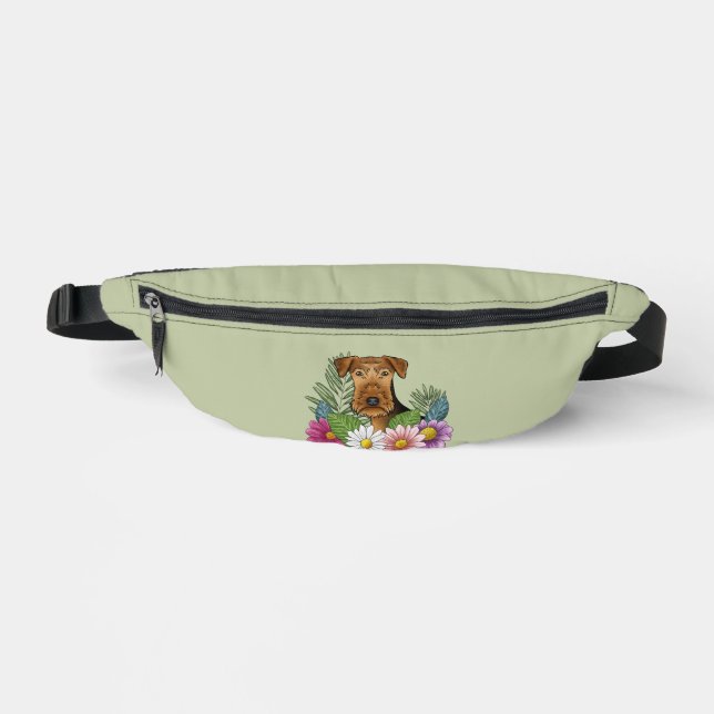 Airedale Terrier And Colourful Summer Flowers Gree Bum Bags (Front)