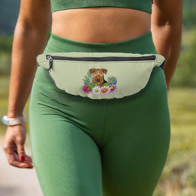 Airedale Terrier And Colourful Summer Flowers Gree Bum Bags (Please note: This image is a digital mockup. The product may not be in scale.)
