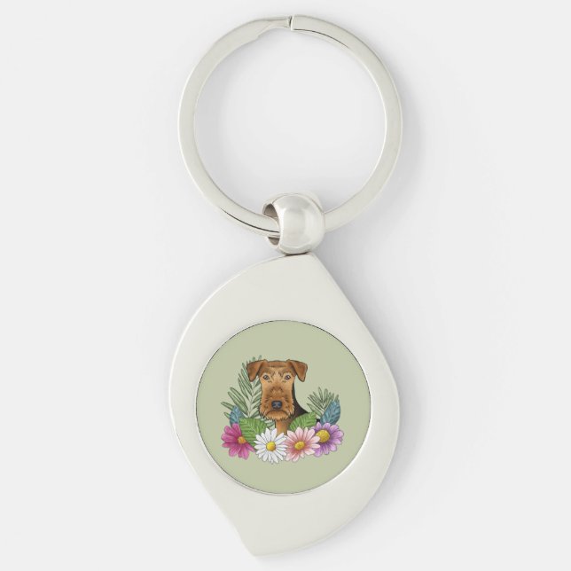 Airedale Terrier And Colourful Summer Flowers Gree Key Ring (Front)