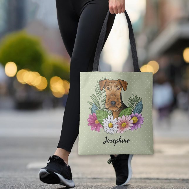 Airedale Terrier And Colourful Summer Flowers Gree Tote Bag (Please note: This image is a digital mockup. The product may not be in scale.)