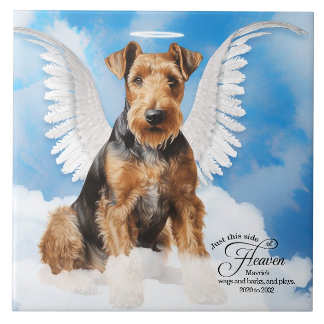 Airedale Terrier Angel Personalised Pet Memorial Ceramic Tile (Front)