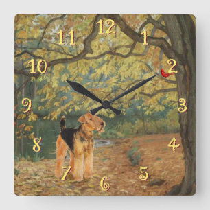 Airedale Terrier Birdwatching Square Wall Clock