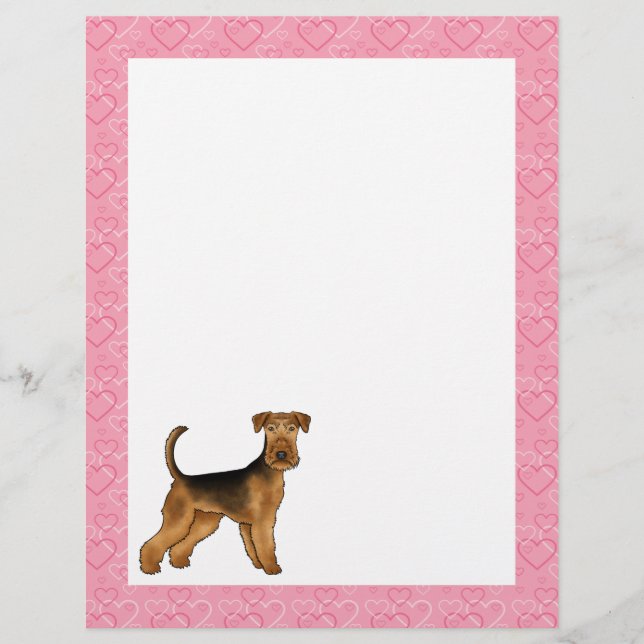 Airedale Terrier Cartoon Dog Heart Pattern Pink Custom Letterhead (Front)