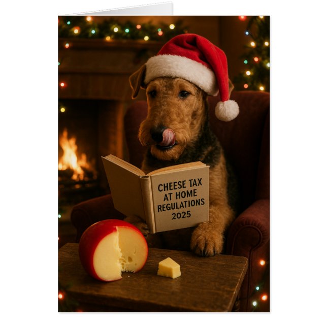 Airedale Terrier 'Cheese Tax' Christmas card (Front)