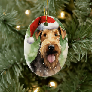 Airedale Terrier Christmas brush painting artwork Ceramic Ornament