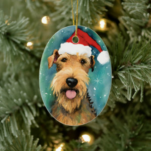 Airedale Terrier Christmas brush painting artwork Ceramic Ornament