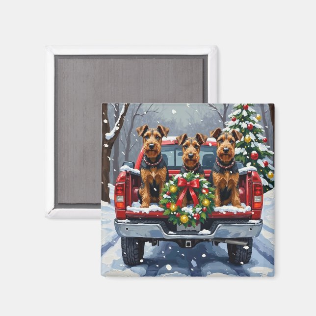 Airedale Terrier Christmas Red Truck Holiday Magnet (Front/Back)