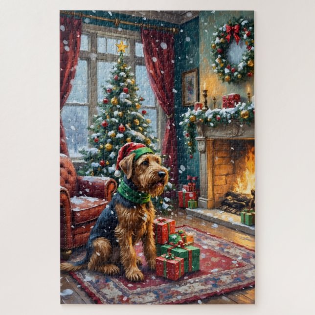 Airedale Terrier Christmas Victorian Living Room Jigsaw Puzzle (Vertical)