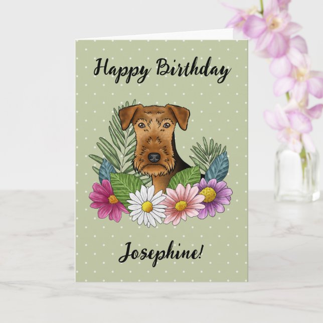 Airedale Terrier Colourful Floral Happy Birthday Card (Orchid)