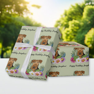 Airedale Terrier Colourful Flowers Birthday Green Wrapping Paper