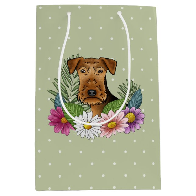 Airedale Terrier Colourful Flowers Green Medium Gift Bag (Front)