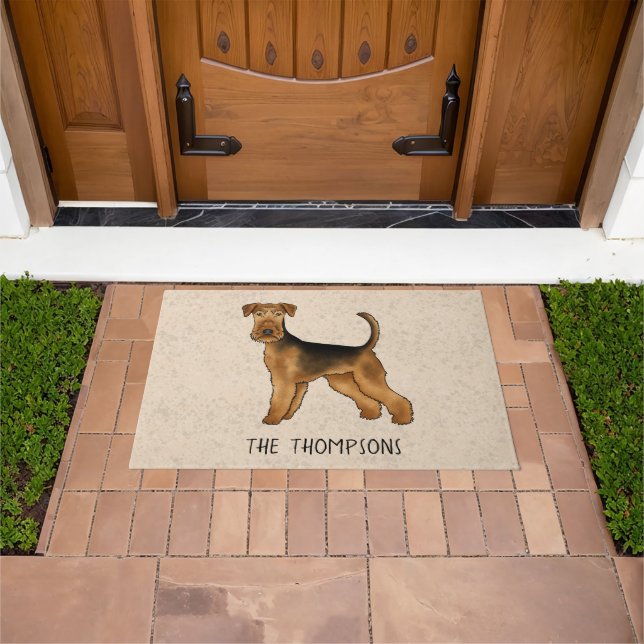 Airedale Terrier Cute Cartoon Dog And Name Beige Doormat (Outdoor)