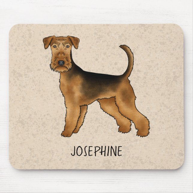 Airedale Terrier Cute Cartoon Dog And Name Beige Mouse Pad (Front)