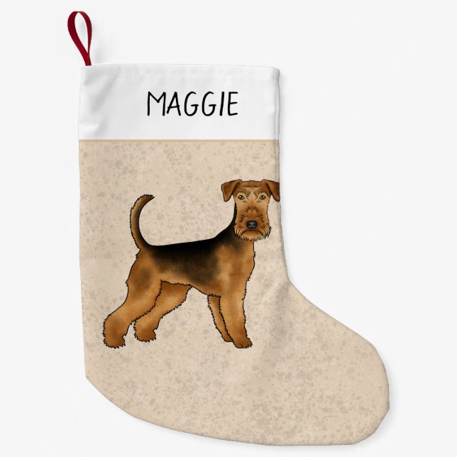 Airedale Terrier Cute Cartoon Dog And Name Beige Small Christmas Stocking (Front)
