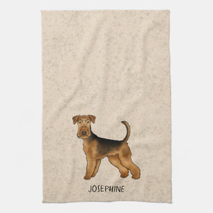 Airedale Terrier Cute Cartoon Dog And Name Beige Tea Towel