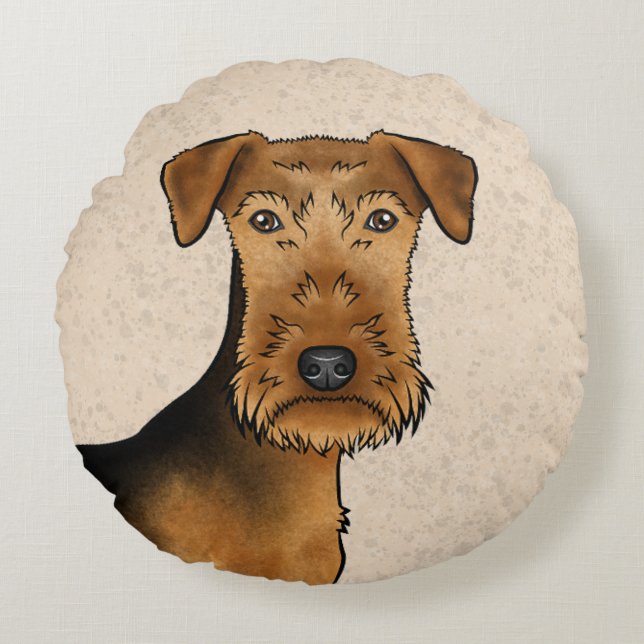 Airedale Terrier Cute Cartoon Dog Head On Beige Round Cushion (Front)