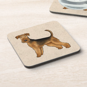 Airedale Terrier Cute Cartoon Dog On Beige Coaster