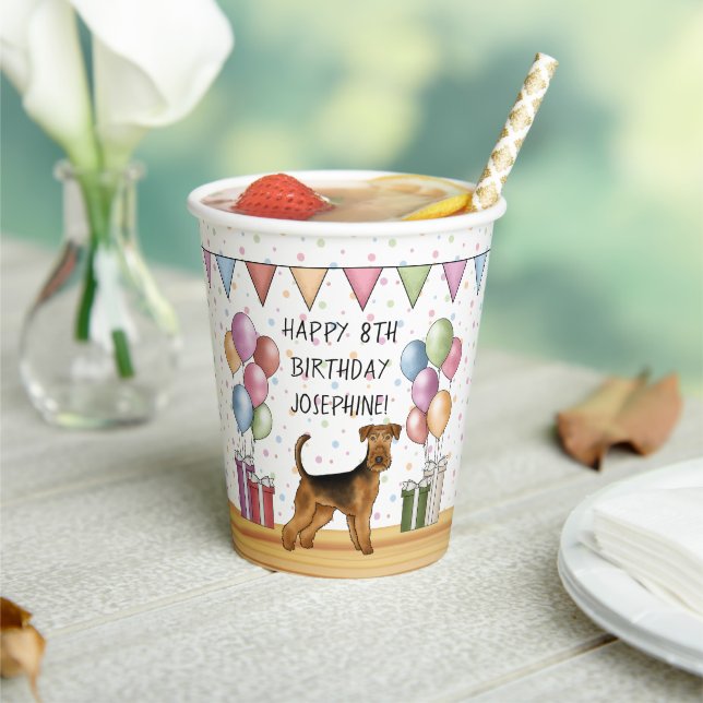 Airedale Terrier Cute Dog Pastel Happy Birthday Paper Cups (Insitu)