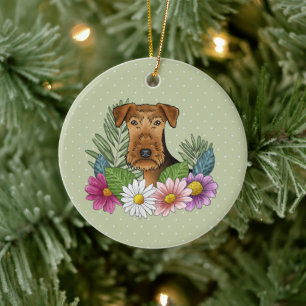 Airedale Terrier Dog And Colourful Flowers Green Ceramic Ornament