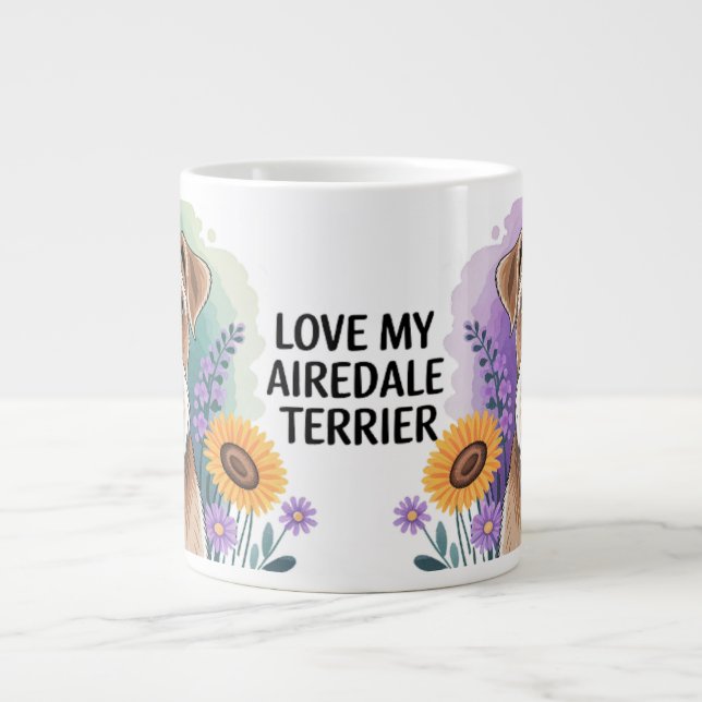 Airedale Terrier Dog Art with Flowers  Large Coffee Mug (Front)
