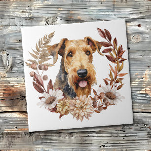 Airedale Terrier Dog Autumn Wreath Ceramic Tile