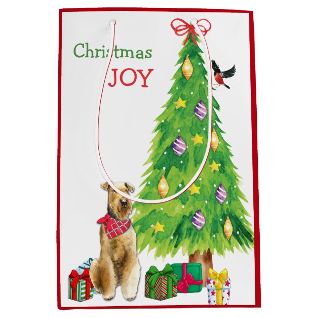 Airedale Terrier Dog, Bird, and Christmas Tree Medium Gift Bag (Front)