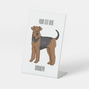 Airedale terrier dog cartoon illustration pedestal sign
