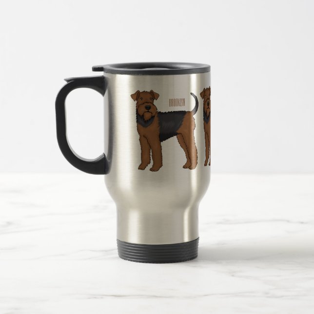 Airedale terrier dog cartoon illustration travel mug (Left)