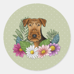 Airedale Terrier Dog Colourful Wildflowers Green Classic Round Sticker
