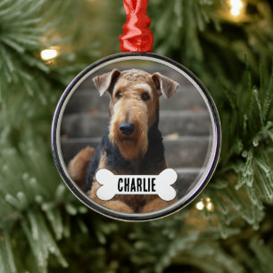 Airedale Terrier Dog Custom Photo & Name Memorial Metal Ornament