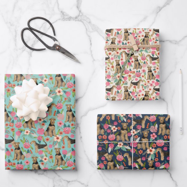 Airedale Terrier Dog Floral Wrapping Paper Sheet (Front)