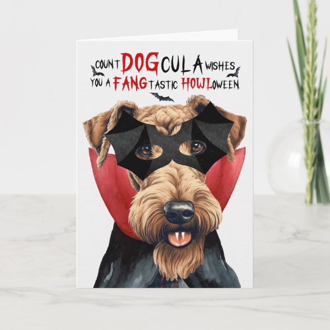 Airedale Terrier Dog Funny Count DOGcula Halloween Holiday Card (Front)