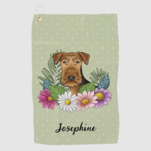 Airedale Terrier Dog Head Colourful Flowers Green Golf Towel