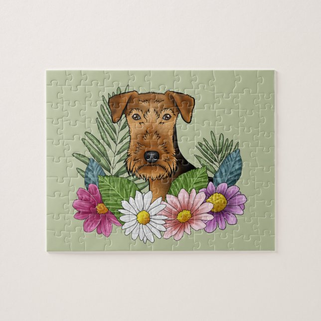 Airedale Terrier Dog Head Colourful Flowers Green Jigsaw Puzzle (Horizontal)