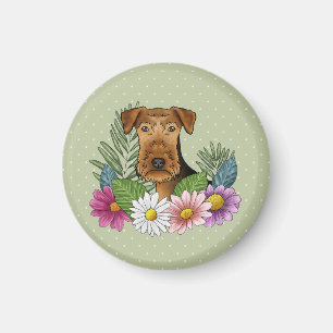 Airedale Terrier Dog Head Colourful Flowers Green Magnet