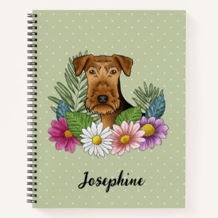 Airedale Terrier Dog Head Colourful Flowers Green Notebook