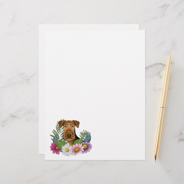 Airedale Terrier Dog Head With Colourful Flowers Custom Letterhead (Front/Back In Situ)