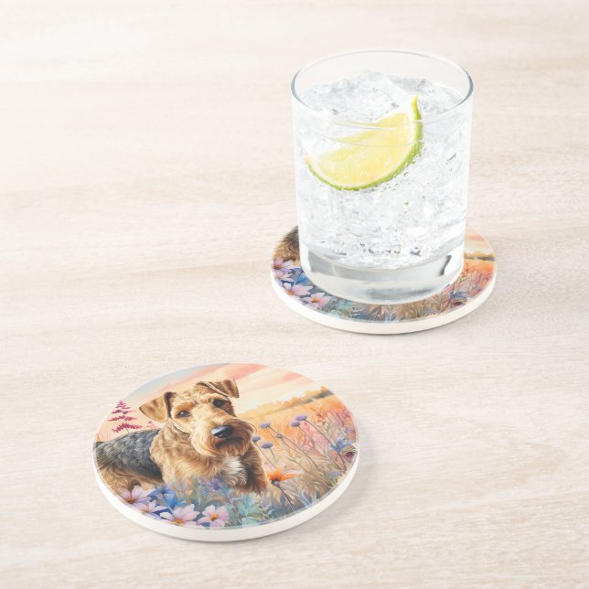 Airedale Terrier Dog in a Wildflower Meadow Coaster (Side)