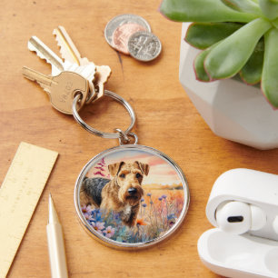Airedale Terrier Dog in a Wildflower Meadow Key Ring