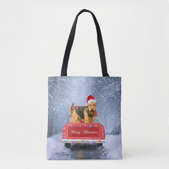 Airedale Terrier Dog in Snow sitting in Christmas  Tote Bag (Front)