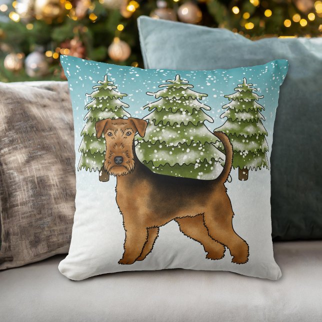 Airedale Terrier Dog In Snowy Winter Forest Cute Cushion (Please note: This image is a digital mockup. The product may not be in scale.)