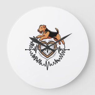 Airedale Terrier Dog Jumping Heart Ekg Line Large Clock