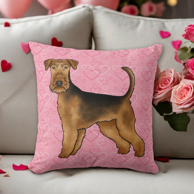 Airedale Terrier Dog Love With Pink Heart Pattern Cushion (Please note: This image is a digital mockup. The product may not be in scale.)
