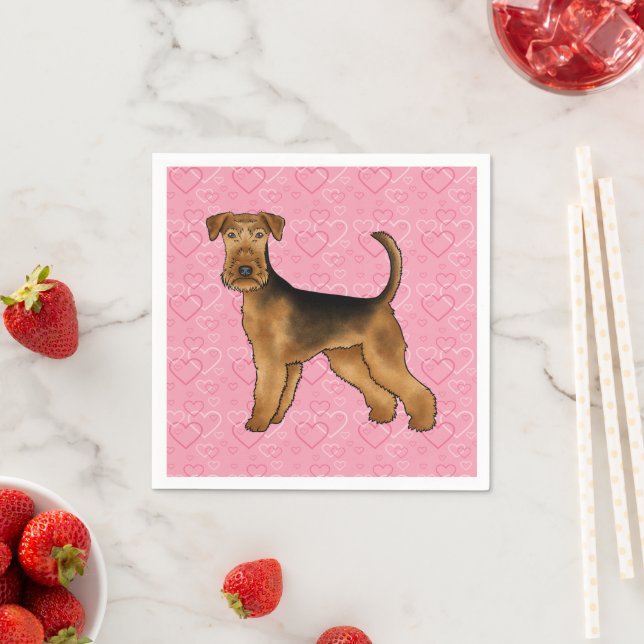 Airedale Terrier Dog Love With Pink Heart Pattern Napkin (Insitu)