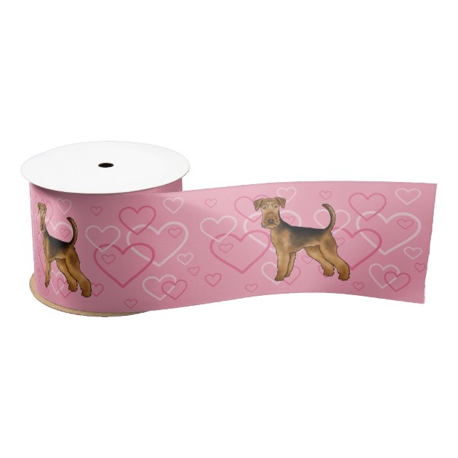 Airedale Terrier Dog Love With Pink Heart Pattern Satin Ribbon (Spool)