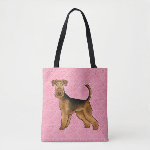 Airedale Terrier Dog Love With Pink Heart Pattern Tote Bag
