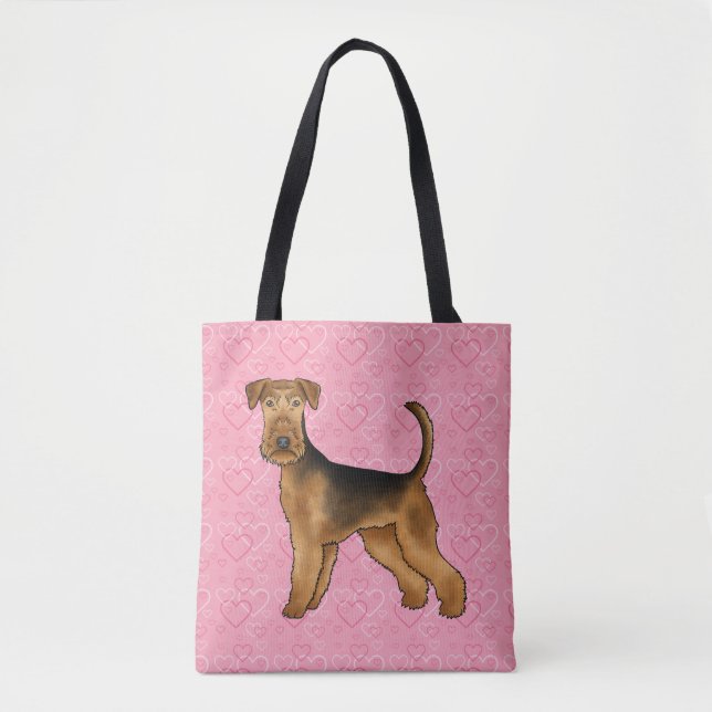 Airedale Terrier Dog Love With Pink Heart Pattern Tote Bag (Front)